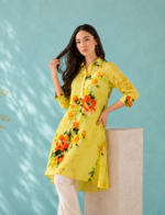 Premium Mulberry Silk Floral Printed Tunic – Yellow - Image 2