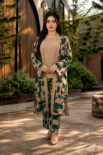 Premium Jacquard Printed 3-Piece Co-Ord Set – Emerald Green & Beige