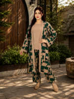 Premium Jacquard Printed 3-Piece Co-Ord Set – Emerald Green & Beige - Image 2