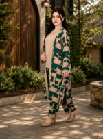 Premium Jacquard Printed 3-Piece Co-Ord Set – Emerald Green & Beige - Image 3