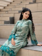 Premium Mulberry Silk Embroidered 2-Piece Set – Teal Green