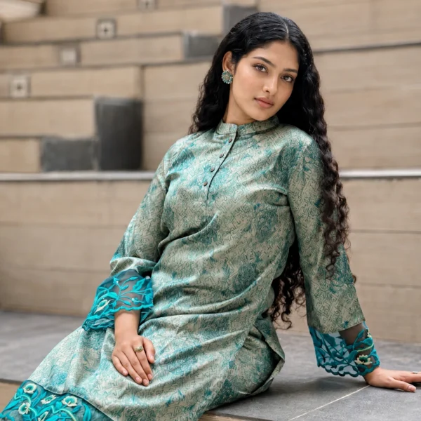 Premium Mulberry Silk Embroidered 2-Piece Set – Teal Green
