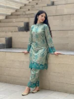 Premium Mulberry Silk Embroidered 2-Piece Set – Teal Green - Image 4