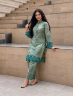 Premium Mulberry Silk Embroidered 2-Piece Set – Teal Green - Image 3