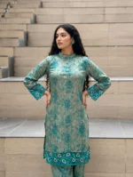 Premium Mulberry Silk Embroidered 2-Piece Set – Teal Green - Image 2